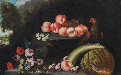 Felice Rubbiani (1677 - 1752), Attr. - Natura morta con pappagallo, frutta e fiori