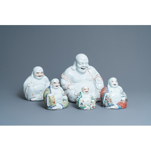 Five Chinese famille rose and white figures of Buddha, seal ...
