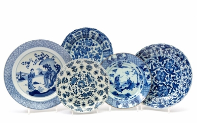 Five various blue and white plates