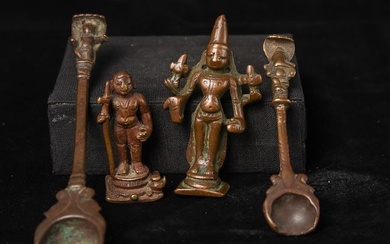 Four 18/19thC Indian Bronze items- 2 Hindu ritual bronze spoons and 2 small Hindu bronze statues (4