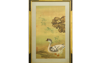 Framed Chinese painting : "Duck in landscape" - 90 x 50 marked prov : collection "Jeannette Boy" (Schleiper) ||framed Chinese "duck in landscape" painting - marked former collection of Jeanette Boy (Schleiper)