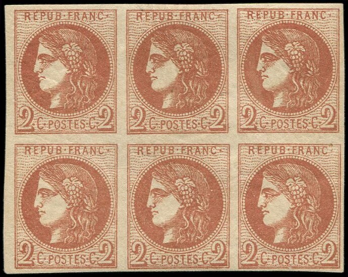 France 1870 - Bordeaux, 2 centimes brown-red, transfer 2, block of 6. - Yvert 40B