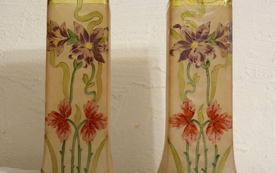 François-Théodore Legras - Saint-Denis - Pair of art nouveau vase in enamelled and gilded etched glass (2)