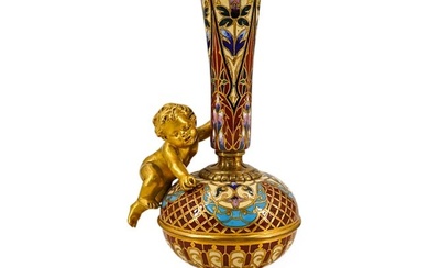 French Bronze Champleve Enamel Bud Vase
