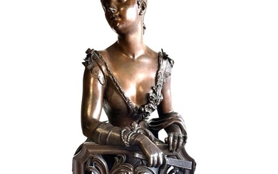 French Bronze Sculpture of a Female Figure in a Chair Illegible Signature