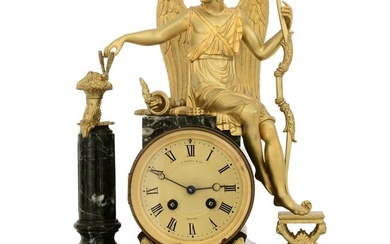 French Empire Gilt Bronze & Marble Mantel Clock with Cupid, Retailed by A. Stowell & Co., Boston