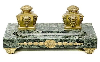 French Gilt Bronze Mounted Verde Antico Marble Double Inkwell Figural Faces