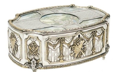 French Gilt and Silver Plate Casket or Jewelry Box Hand Painted Scenes 19th cen
