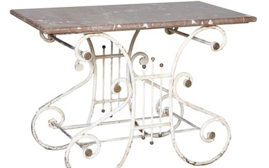 French Iron, Brass and Marble Top Baker’s Table, 19th c., H.- 32 1/2 in., W.- 46 1/2 in., D.- 25