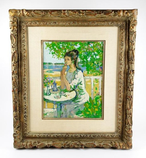 French Oil on Board "Girl in the Garden" Signed Guy