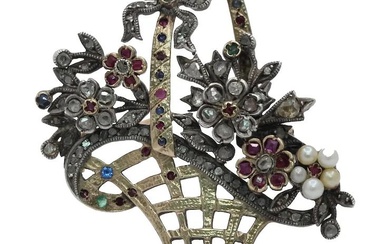 French Victorian Ladies Brooch Flower Basket 18K Ruby Diamonds Sapphires Pearl