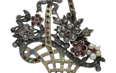 French Victorian Ladies Brooch Flower Basket 18K Ruby Diamonds Sapphires...