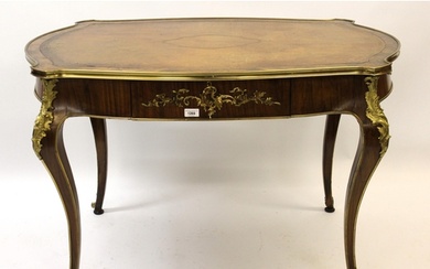 French walnut writing table having brown leather gilt tooled...