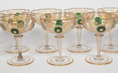 GILDED AND ETCHED CHAMPAGNE GLASSES, C. 1900, 11 PCS, H 5.25", DIA 4"