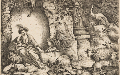 GIOVANNI B. CASTIGLIONE Circe Changing Ulysses' Men into Beasts. Etching, circa 1651. 220x311...