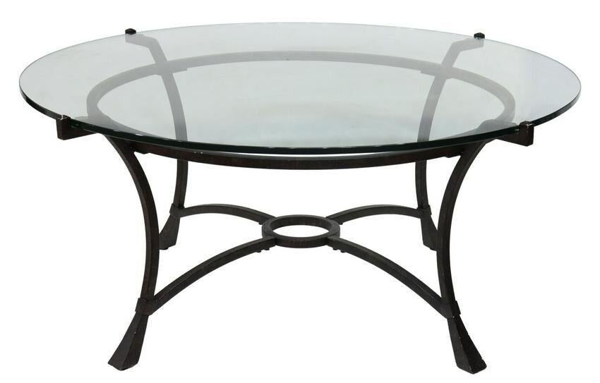 GLASS-TOP WROUGHT IRON ROUND COFFEE TABLE