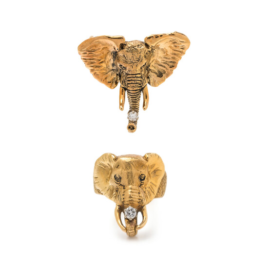 GREGORY APPLEBY, YELLOW GOLD AND DIAMOND ELEPHANT SET