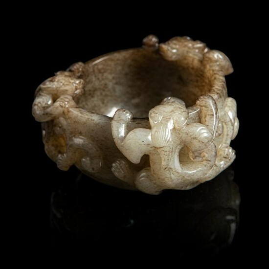 GREY AND RUSSET JADE 'CHI DRAGON' CUP MING DYNASTY