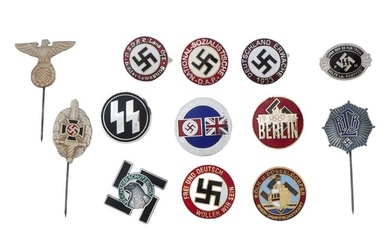 GROUP OF 13 GERMAN WWII TYPE PINS AND STICK PINS
