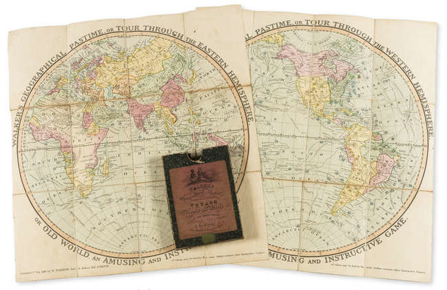 Game.- Darton (William, publisher) Walker's Geographical Pastime exhibiting a Complete Voyage Round the World in Two Hemispheres, 2 hand-coloured engraved maps, with 2 letterpress booklets of directions, William Darton, 1821.