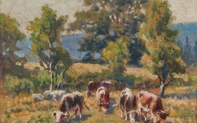 George Arthur Hays, Cows Grazing in meadow, oil