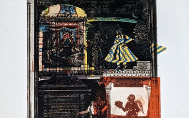 George Donald (écossais, né en 1943), Une scène figurative indienne, techniques mixtes (lithographie et collage),...