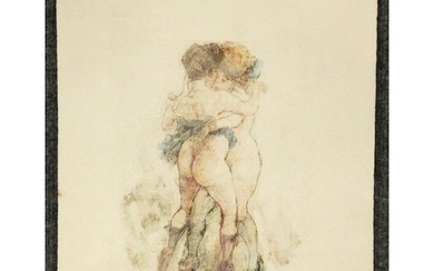 George Grosz, Color Lithograph 2 Nude Girls Embracing