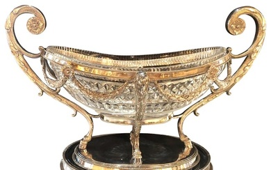 George III Style Silver Plated Oval Center Bowl with Cut Glass Liner