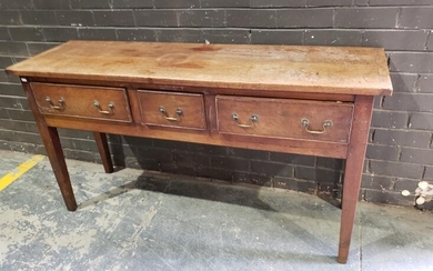 Georgian Style Oak & Elm Dresser Base or Side Table, fitted with three drawers & on square tapering legs (H:82 X L:156 X D:45CM)
