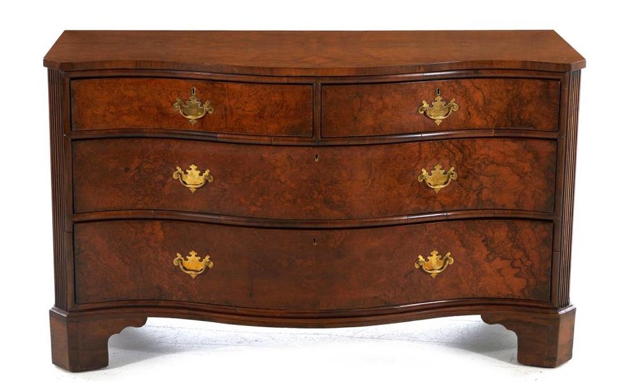 Georgian style burl walnut serpentine chest of drawers