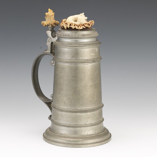 German Pewter and Carved Antler Stein, Silver Wedding Jubilee, dated 1931