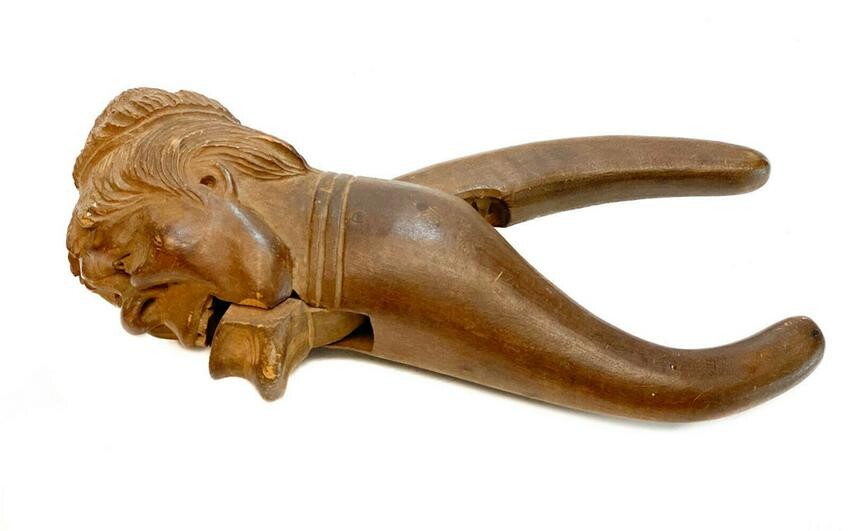 German Wooden Hand Carved Gnome Head Nut Cracker, 19th