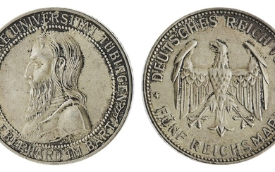 Germany. Weimar. 5 Reichsmark, 1927 F. 450th Anniversary of Tübingen University. Bust of Count...