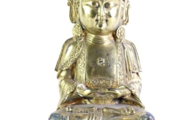 Gilded Bronze Buddha Seated Cross Legged On Lotus Pedestal H: 29cm