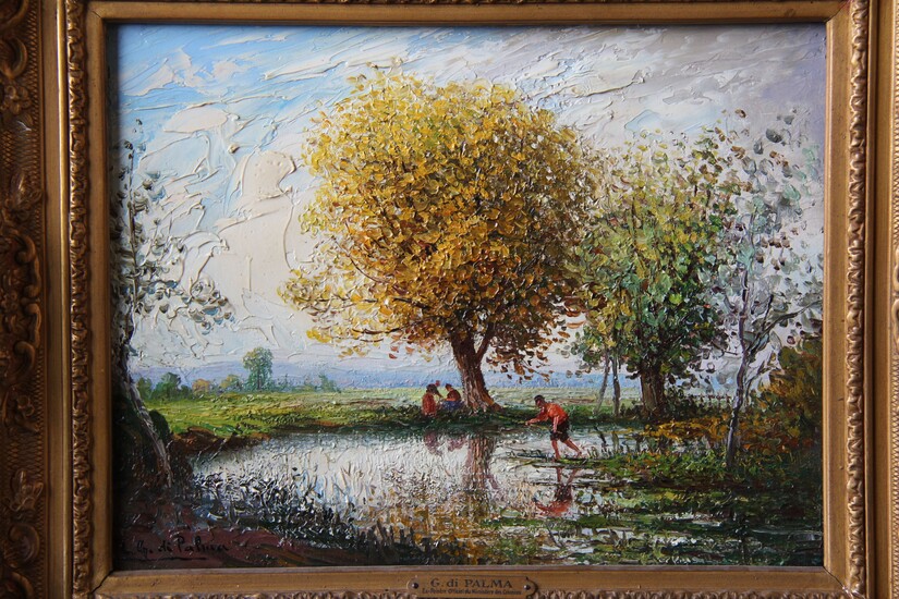 Giorgio di PALMA (XXème s.) La pêche Huile sur panneau signée en bas à gauche 27,5 x 35 cm.
