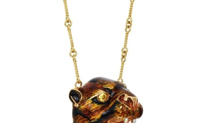 Gold, Enamel and Yellow Diamond Panther Pendant-Necklace
