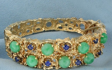 Graduated Natural Sapphire and Jade Heavy Bangle Bracelet in 14K Yellow Gold