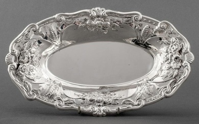 Grand sterling silver oblong tray with repousse decoration comprising flowers, ears of wheat