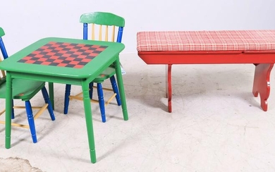 Green painted child's game table with checkerboard top