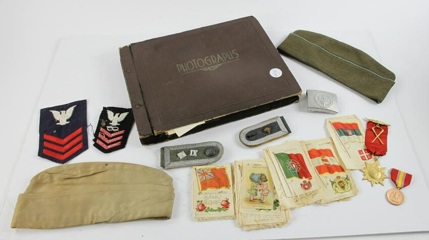 Group of WWII Items, Album, Badges, Buckle