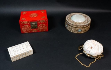 Grouping of Jewelry Boxes and Bag including 1 jade