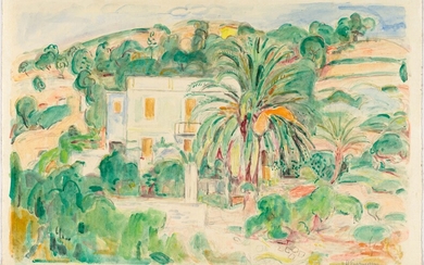 HANS PURRMANN(Spire 1880-1966 Bâle)Paysage méridional avec maison et palmier.Aquarelle sur crayon sur papier solide.Signé en...