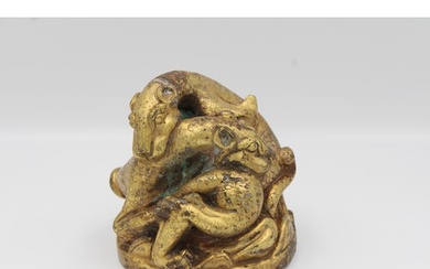 Han style bronze weight Qing dynasty, of two fighting animal...