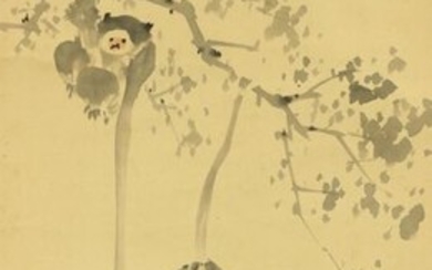 Hanging scroll - Paper - Gibbon - Signature '連山岸徳 Renzan Kishitoku' and Seal '岸徳 士道' with Box - Kishi Renzan 岸連山 (1804-1859) Kishi school painter in Edo later period - Seven monkeys gibbon cooperating with one another - Japan - Mid 19th century (Late Edo