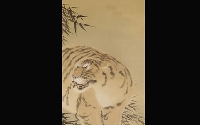 Hanging scroll painting (1) - Silk - Tiger - Gansho(1869-?） - "Tiger" - With signature 'Gansho' 岸勝 - Japan - Meiji period (1868-1912)