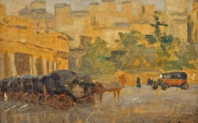 Hans Henry Happ, German 1889-1992- Carriages and an automobile in a city square; oil on canvas laid down on board, signed, 17 x 24.5 cm (ARR)