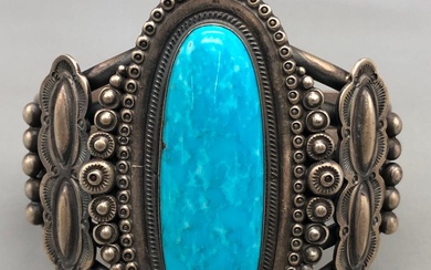 Hefty Turquoise And Sterling Silver Bracelet By Wallace Yazzie, Jr.