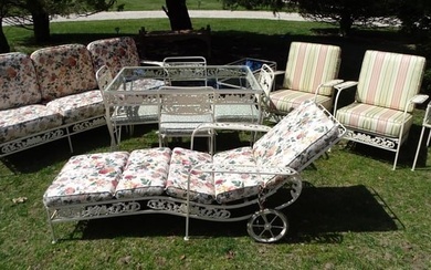 INCLUSIVE 11 PC. SET OF WROUGHT IRON FURNITURE INC.. CHAISE, TABLE, CHAIRS, SOFA, ARMCHAIRS, SIDE