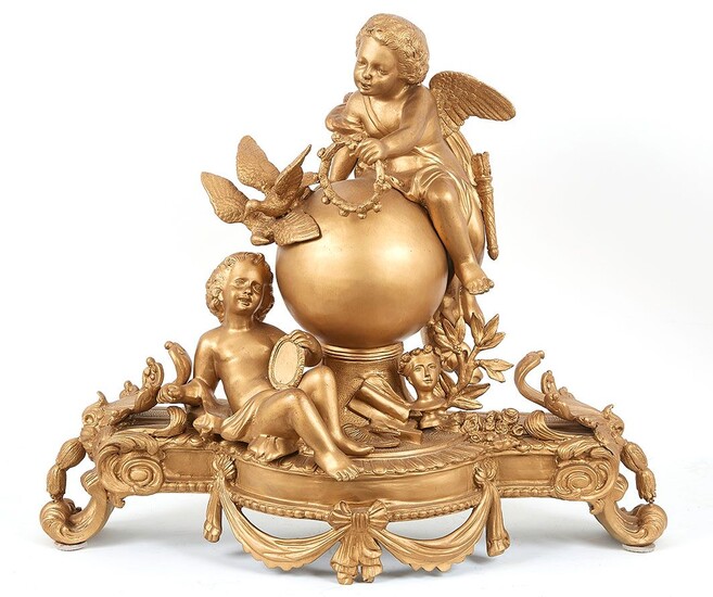 Imposant groupe en bronze redoré figurant les Arts représenté par une sphère entourée de putti...