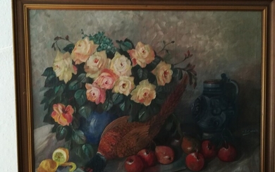 NOT SOLD. Ingeborg Bentine Debois: Still life with roses, pheasant and fruits. Signed I. B....